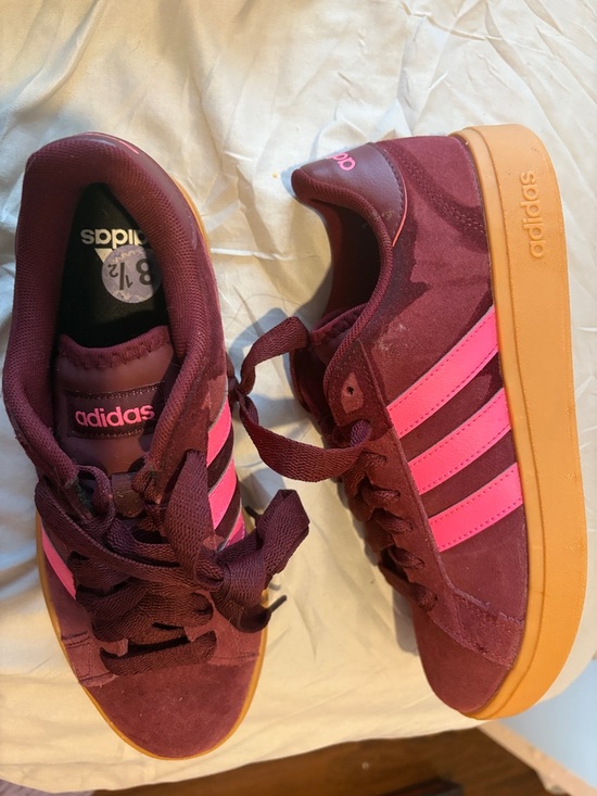 adidas Shoes - adidas Burgundy Suede Sneakers with Pink Stripes and Gum Sole